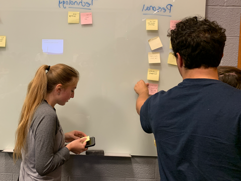 Participants at a whiteboard arranging sticky notes 