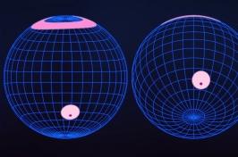 Illustration of two spheres, in shades of purple and pink, that represent a neutron star as seen from Earth.